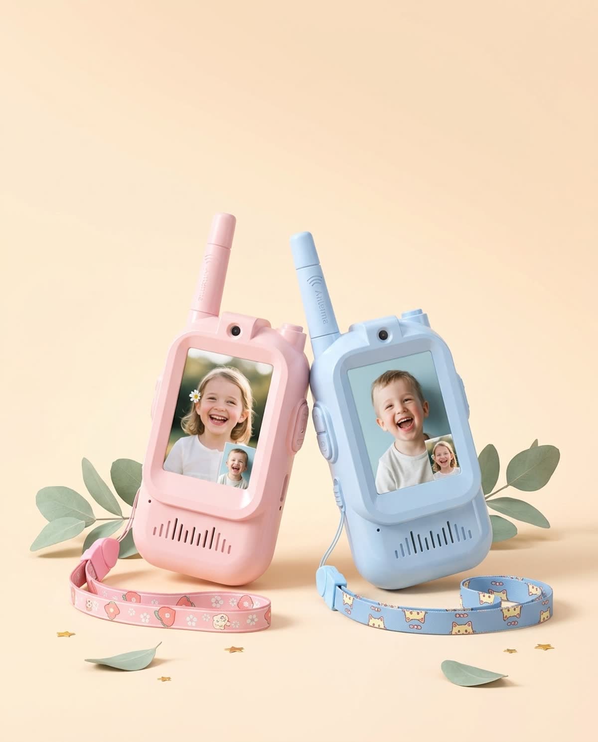 Par de video walkie talkies Radio Aventura, uno rosado y uno celeste