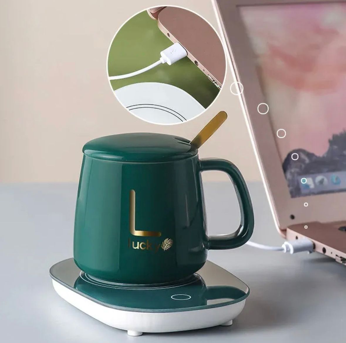 🤩 ⚜TAZA + CALENTADOR CON USB + CUCHARILLA ❤️😊