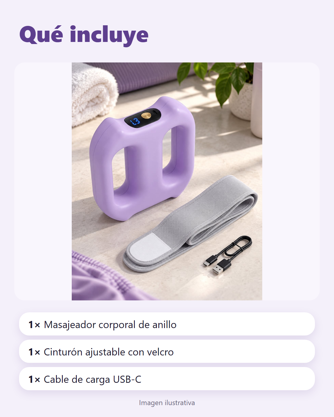Qué incluye: masajeador, cinturón y cable USB-C