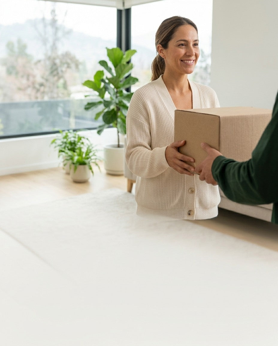 Mujer sonriendo en su casa recibiendo un paquete de Innovarte Santiago