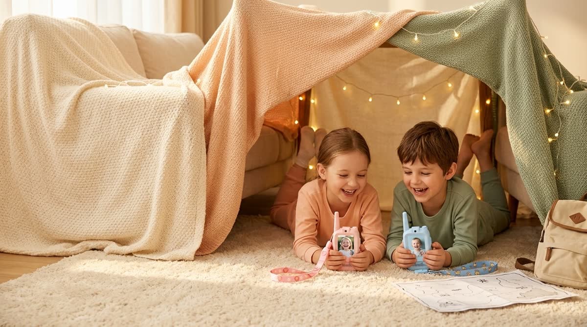 Dos niños riendo dentro de un fuerte de mantas con sus video walkie talkies rosado y celeste