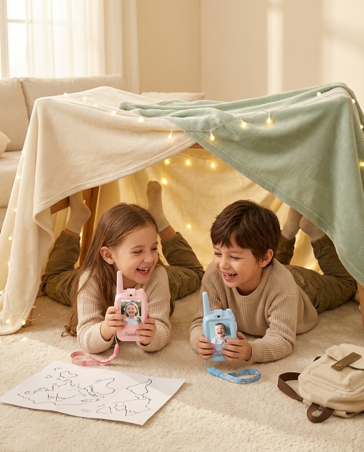 Dos niños riendo dentro de un fuerte de mantas con sus video walkie talkies, imagen vertical