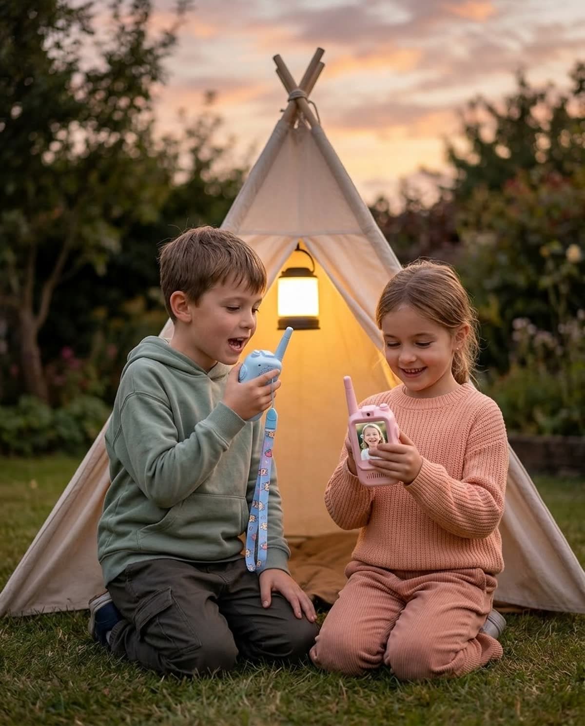 Niños junto a una carpa hablando por sus video walkie talkies