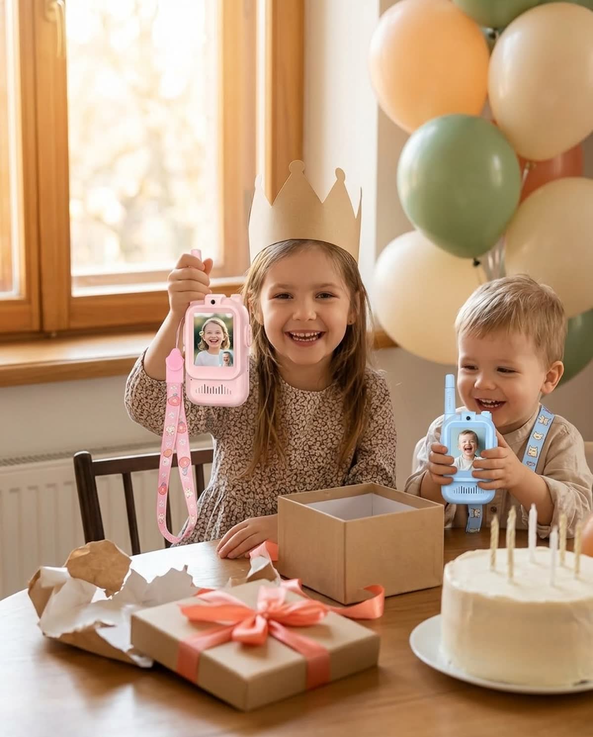 Niños en una fiesta de cumpleaños con los video walkie talkies