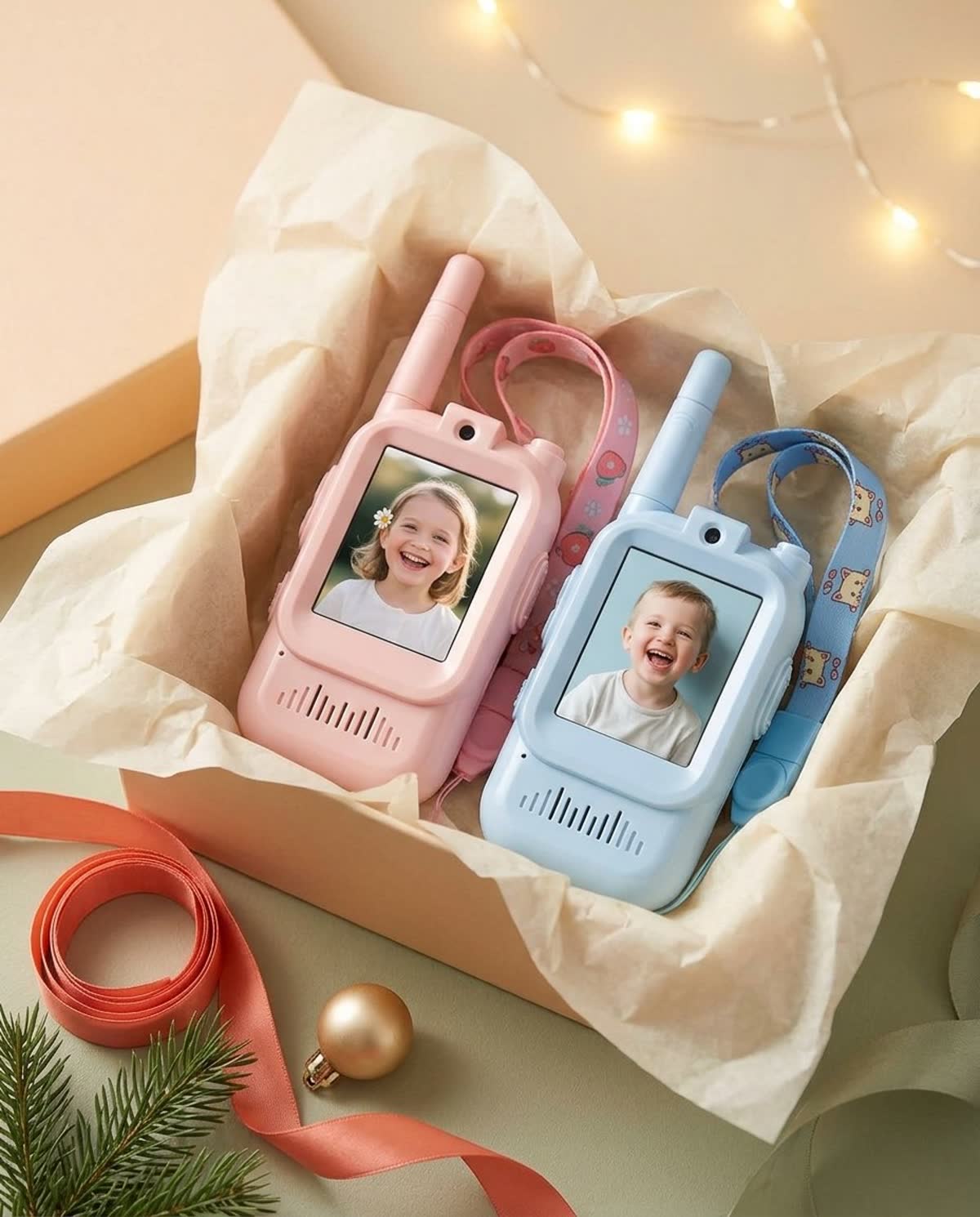 Caja de regalo con los video walkie talkies rosado y celeste