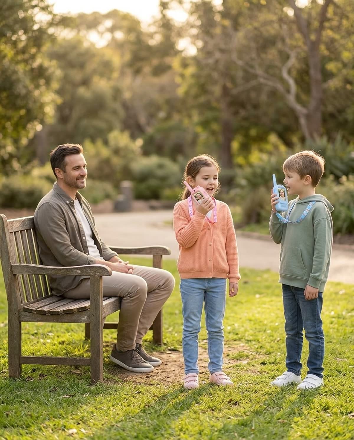 Un papá mira tranquilo mientras dos niños juegan con los video walkie talkies