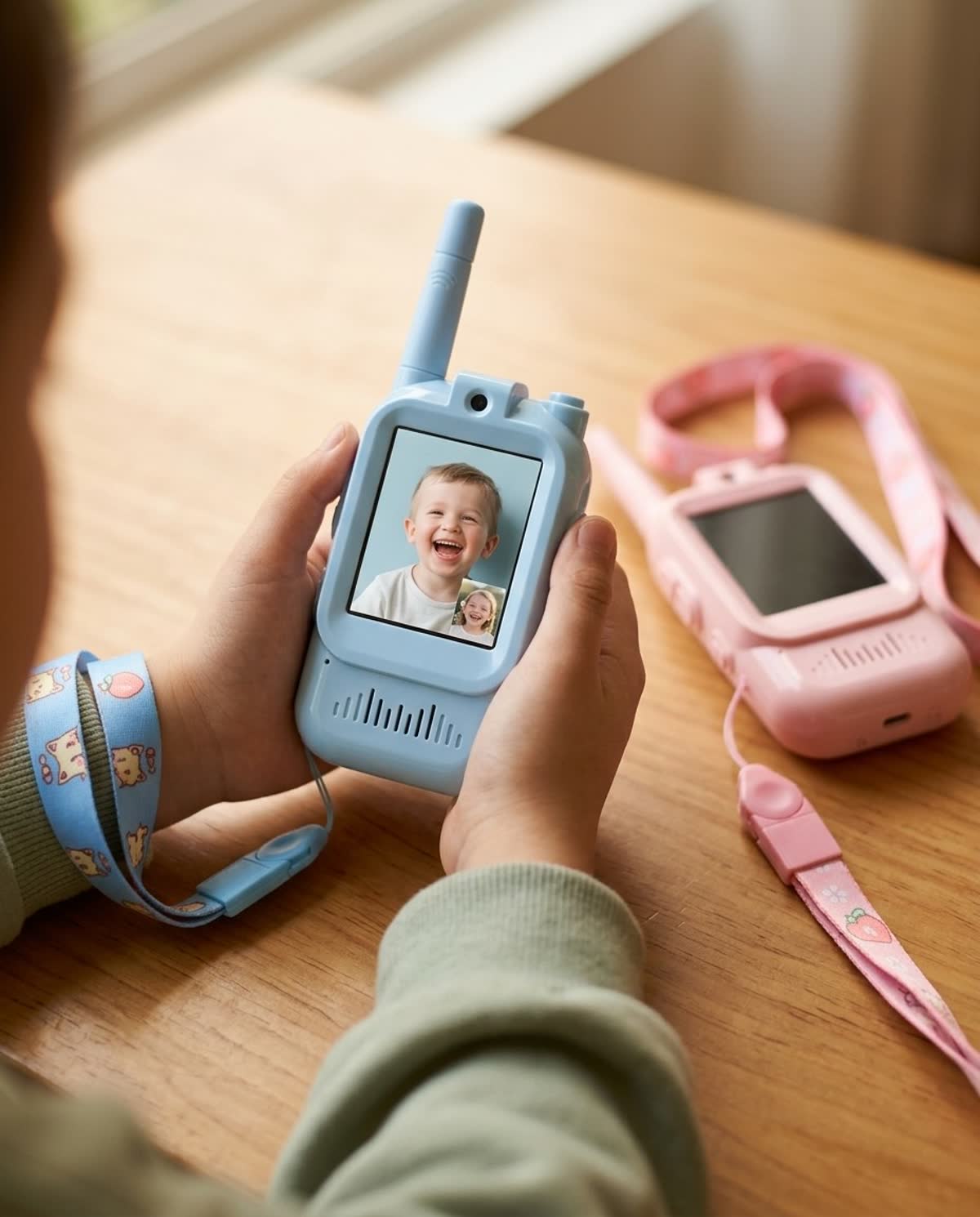 Primer plano del video walkie talkie celeste con pantalla a color