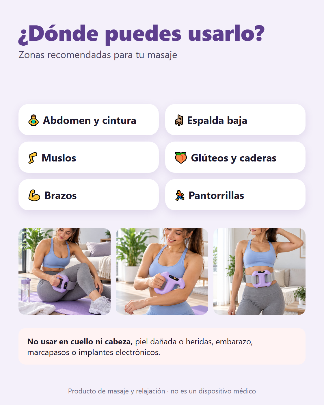 Zonas de uso del masajeador corporal